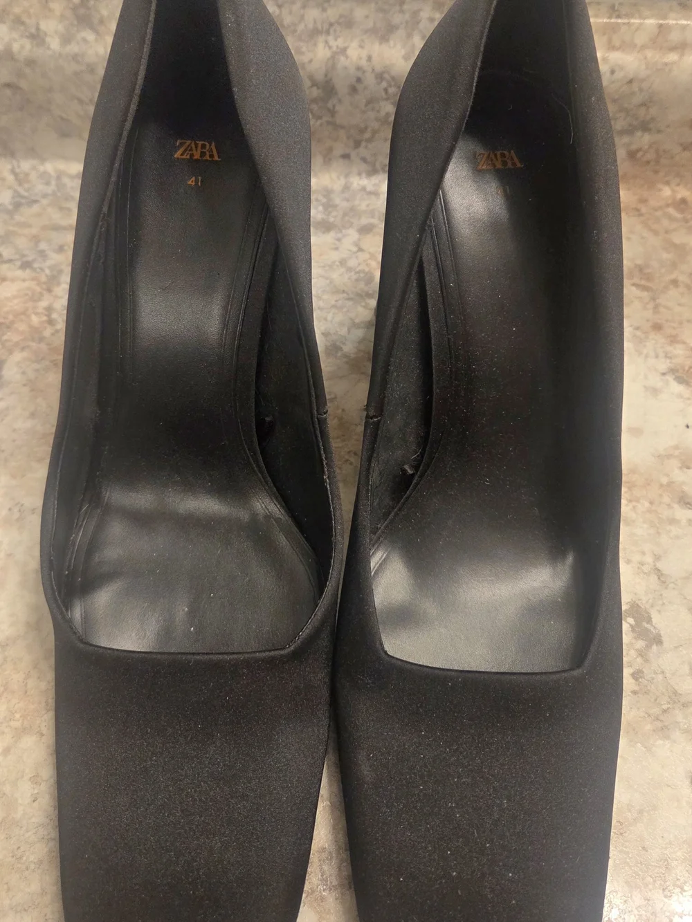 Zara Black Satin Square-Toe High Heels